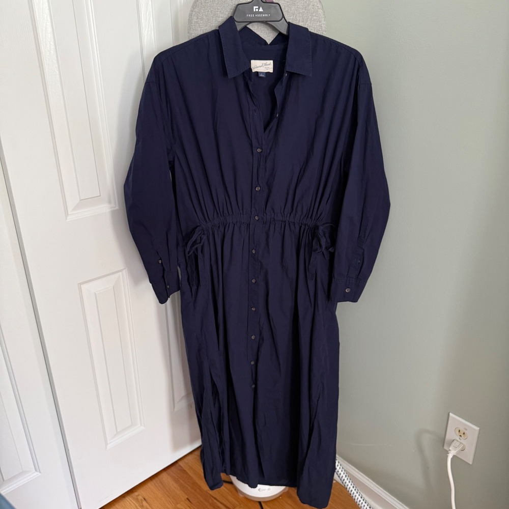 Universal Thread Navy Cotton Maxi Shirt Dress L Drawstring Waist Coastal